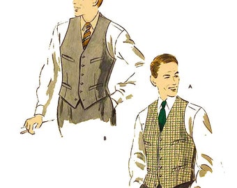 PDF - Vintage 1950's Sewing Pattern: Men's Vest Waistcoat - Chest 38” (96.5cm) - Instantly Print at Home