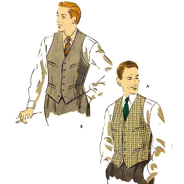 PDF - Vintage 1950's Sewing Pattern: Men's Vest Waistcoat - Chest 38” (96.5cm) - Instantly Print at Home