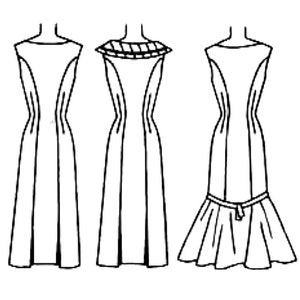 May include: Three different styles of black and white line drawings of dresses. The first dress has a simple, straight silhouette. The second dress has a decorative neckline. The third dress has a flared skirt.