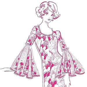 Puede incluir: Ilustración de una mujer con un vestido largo de mangas acampanadas. El vestido presenta un patrón de formas rosas sobre un fondo claro. El escote está adornado con un ribete de cuentas y las mangas tienen un borde con volantes.