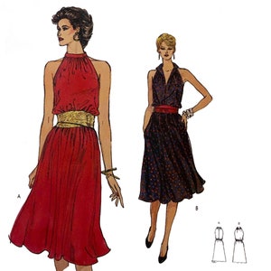 Peut inclure: Un patron de couture vintage pour une robe sans manches avec deux styles différents. Le premier style est une robe rouge à col halter avec une ceinture dorée. Le deuxième style est une robe à pois noirs et blancs avec une ceinture rouge. Le patron comprend des instructions pour les deux styles.