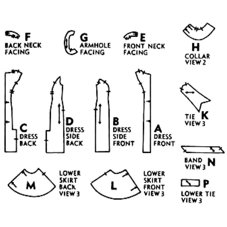 May include: Diagram showing different views of a dress pattern, including the front, back, side, neck, armhole, collar, tie, and skirt. The diagram is labeled with letters A through P.