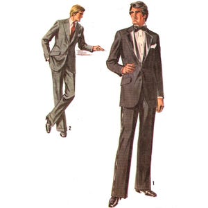May include: Illustration of two men in suits. One man is wearing a gray suit with a red tie. The other man is wearing a black tuxedo with a bow tie and a white shirt. Both suits have a vintage style.
