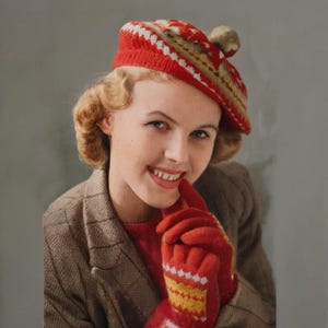 PDF - 1930er Jahre Fair Isle Beret & Handschuhe Strickmuster: Kopfgröße 56 cm - Download