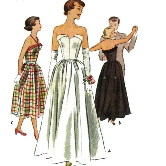 Patrón de costura vintage de los años 50: vestido de noche sin tirantes