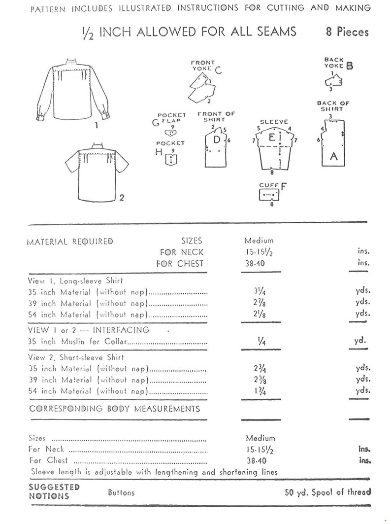 Vintage 1950's Sewing Pattern: Men's Shirt With Front - Etsy