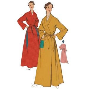 PDF - 1950s Glamorous Robe Sewing Pattern: Wrap-over, Belted Dressing Gown, Bust 42&quot;(107cm) - Download
