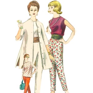May include: A vintage illustration of three women wearing different outfits. The woman on the left is wearing a white long-sleeved jacket with a belt and matching trousers. The woman in the middle is wearing a red and white polka dot top and orange trousers. The woman on the right is wearing a sleeveless burgundy top with a pearl necklace and floral trousers with a green belt.