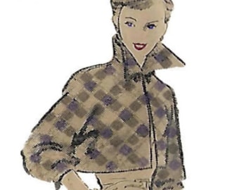 May include: A cropped plaid jacket with a large collar. The jacket is brown and white with a purple and blue plaid pattern.