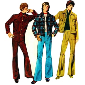 Puede incluir: Ilustración de tres personas vestidas con atuendos de estilo años 70. Una persona lleva una camisa burdeos y pantalones acampanados a juego. Otra lleva una chaqueta a cuadros, una camisa a rayas y vaqueros acampanados azules. La tercera lleva una chaqueta y pantalones de color mostaza.