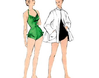 Vintage 1940's Sewing Pattern: Women's Bathing Suit & Beachwear Coat, Bombshell - Bust 34” (86cm)