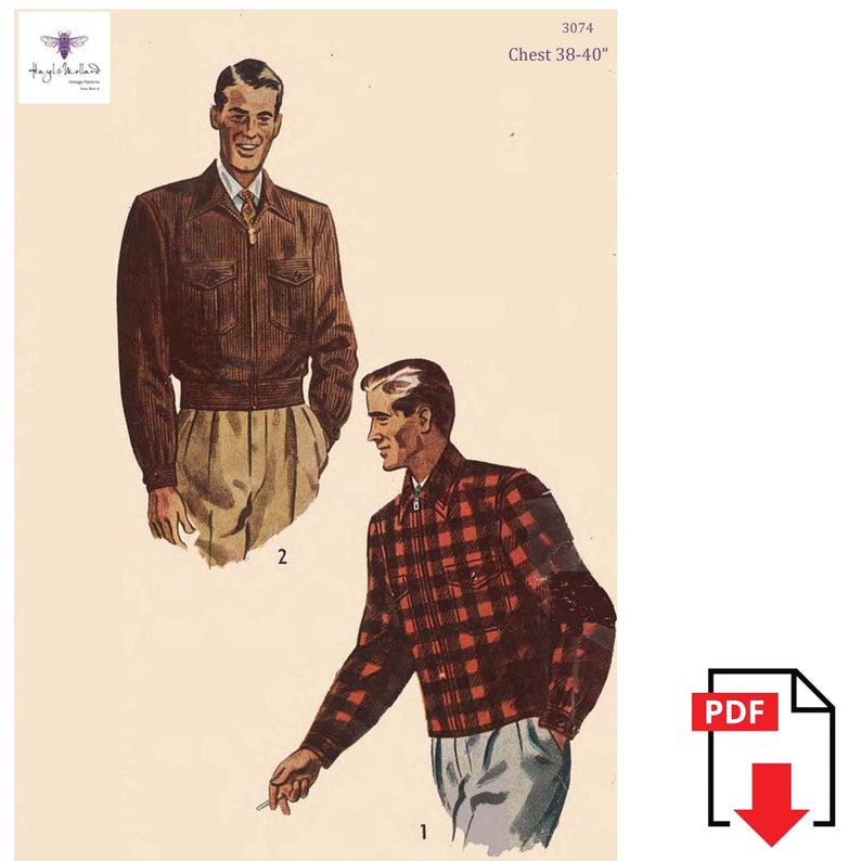 1940s Sewing Patterns – Dresses, Overalls, Lingerie etc PDF - Vintage 1940s Sewing Pattern: Mens Lumber Jacket Bomber Jacket - Chest 34