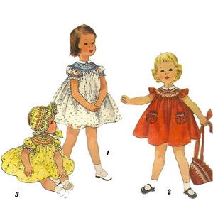 May include: Three vintage illustrations of girls wearing smocked dresses. The girl on the left is wearing a yellow dress and a matching hat. The girl in the center is wearing a white dress with a blue collar. The girl on the right is wearing a red dress with pockets and a matching bag.
