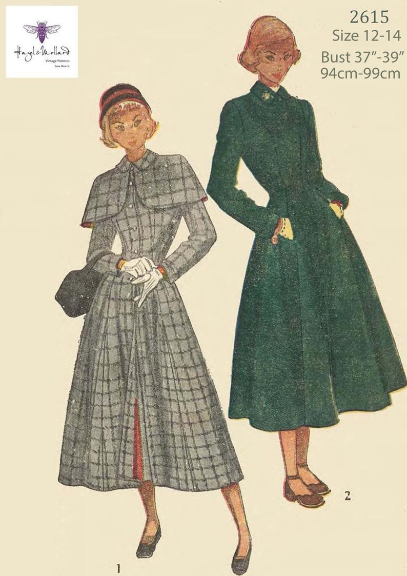 1950s Sewing Patterns | Dresses, Skirts, Tops, Mens Vintage Inspired 1940s Sewing Pattern WW11 Fitted & Flared Coat Detachable Cape Bust 37