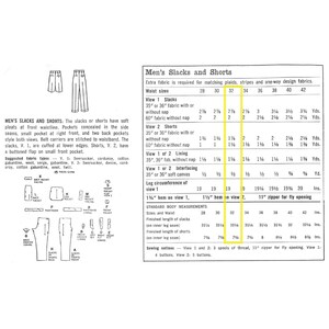 A black-and-white technical sewing guide page for Men's Slacks and Shorts, showing fabric measurements, view diagrams, and sewing instructions with small line drawings and sizing tables.