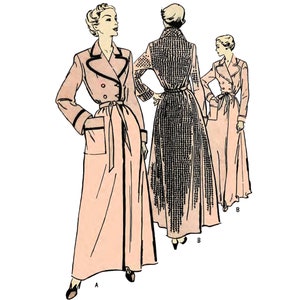 May include: A vintage illustration of a long, pink robe with a black trim and a sash. The robe has a double-breasted closure and a large pocket on the front. The illustration shows the robe from the front and back.