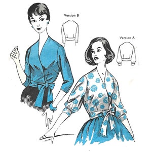 May include: A vintage sewing pattern illustration showing two versions of a wrap top. Version A features a blue top with a floral print and puff sleeves. Version B features a solid blue top with 3/4 sleeves. Both versions have a tie at the waist.
