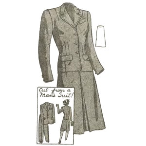 May include: A vintage illustration of a woman's suit, with a long jacket and a skirt. The caption reads "Cut from a Man's Suit!" and shows a man wearing a similar suit.
