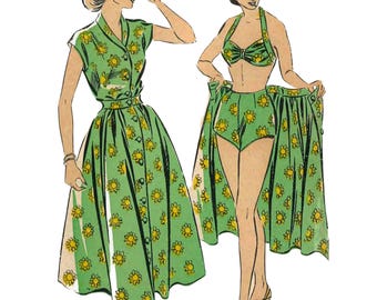 PDF - 1940s Pin Up Beach Outfit Sewing Pattern: Bust 33"-43.5"(84cm-111cm), Multi-sized - Download