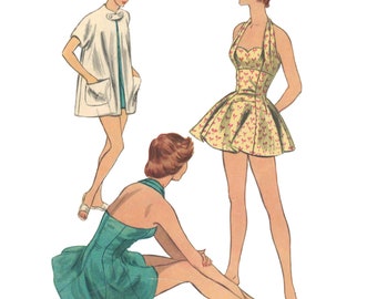 Vintage 50's Sewing Pattern: Halter Neck Bathing Suit & Beach Coat - Multi Sizes