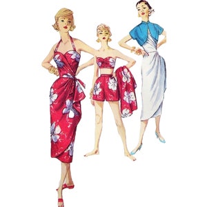 Peut inclure: Trois illustrations vintage de femmes portant différents styles de robes portefeuille. La première femme porte une robe portefeuille à imprimé floral rouge avec un haut halter. La deuxième femme porte une jupe portefeuille à imprimé floral rouge et un haut halter assorti. La troisième femme porte une robe portefeuille blanche avec une veste boléro bleue.