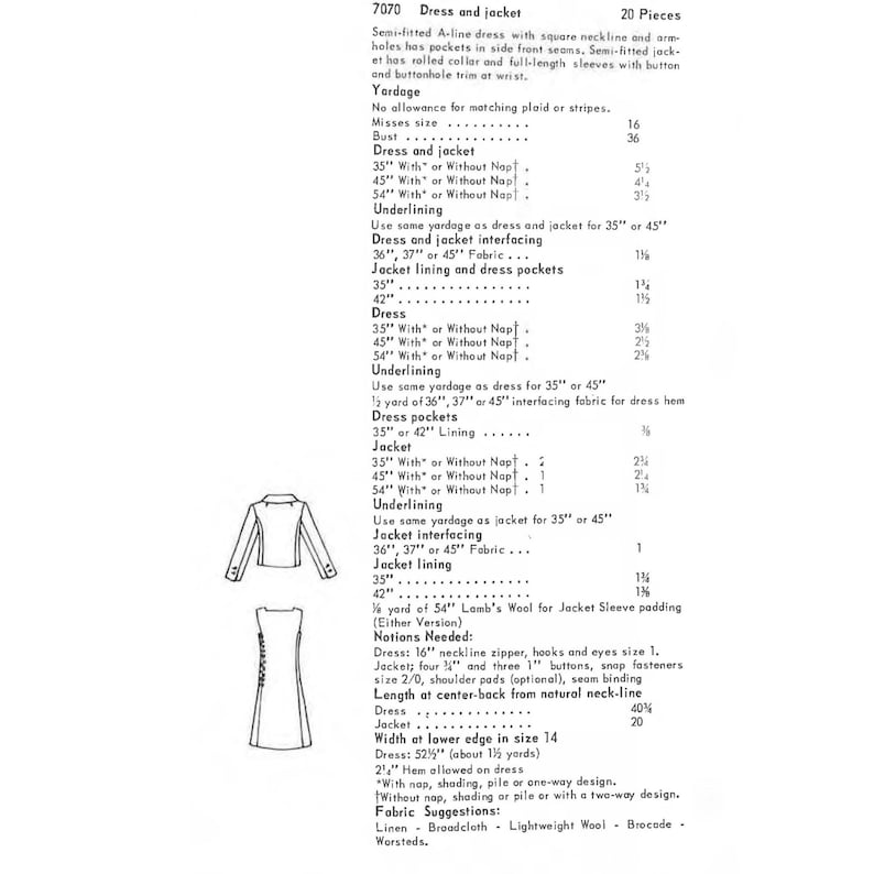A printed sewing pattern sheet showing a dress and jacket pattern with line drawings, size information, and fabric/piecing instructions on a white background.