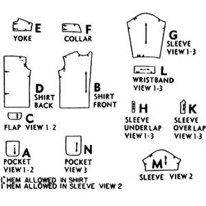 May include: A black and white line drawing of a shirt pattern with different views of the garment, including the yoke, collar, shirt front, shirt back, flap, pocket, sleeve, and wristband. The text "HEM ALLOWED IN SHIRT" and "HEM ALLOWED IN SLEEVE VIEW 2" is included in the image.