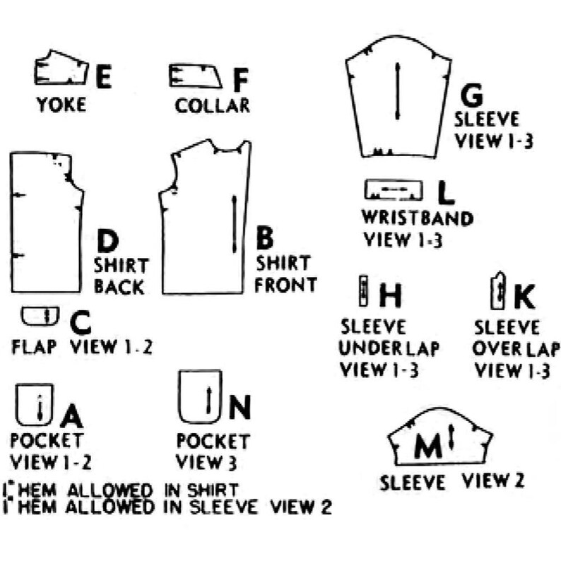 May include: A black and white line drawing of a shirt pattern with different views of the garment, including the yoke, collar, shirt front, shirt back, flap, pocket, sleeve, and wristband. The text "HEM ALLOWED IN SHIRT" and "HEM ALLOWED IN SLEEVE VIEW 2" is included in the image.