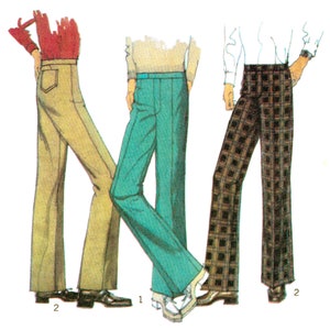May include: Three pairs of pants, one in brown, one in teal, and one in a black and brown plaid pattern. The pants are all wide-legged and have a relaxed fit.