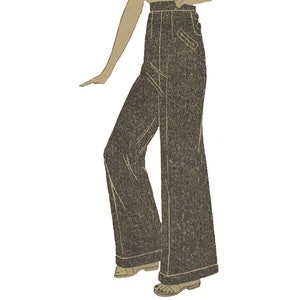 May include: A pair of wide-legged pants with a high waist and a button closure. The pants are a dark brown color and have a slightly textured fabric.