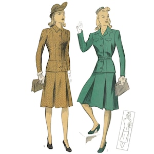 May include: Two women wearing matching skirt suits. The woman on the left is wearing a brown suit with a brown hat. The woman on the right is wearing a green suit with a green hat. Both women are holding purses.