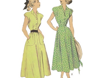 PDF - 1940's Sewing Pattern - Tea Dress with Pockets & Belt -  Bust 29" (74cm) - Download