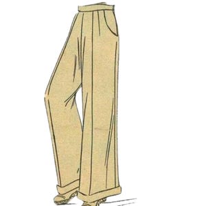 PDF - 1940's Sewing Pattern:  Hepburn Wide Leg Trousers, Turn-ups- Waist 26” (66cm) - Download