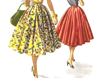 Puede incluir: Dos mujeres con faldas de círculo completo. La mujer de la izquierda lleva una falda floral amarilla y una blusa amarilla. La mujer de la derecha lleva una falda roja y una blusa negra.