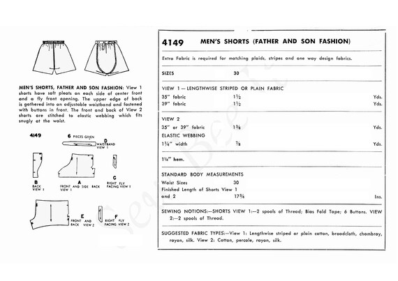 Vintage 1950/'s Sewing Pattern: Men/'s Boxer Shorts Waist 30 PDF - Instantly Print at Home 76.2 cm
