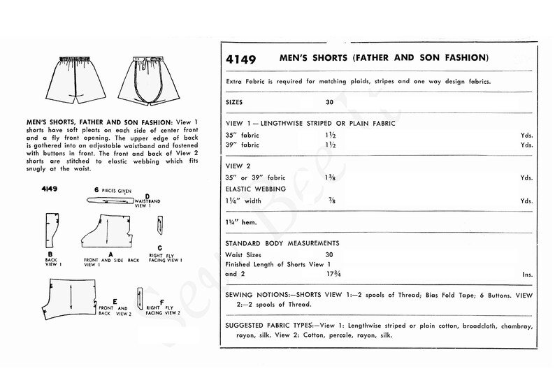 Vintage 1950/'s Sewing Pattern: Men/'s Boxer Shorts Waist 30 PDF - Instantly Print at Home 76.2 cm