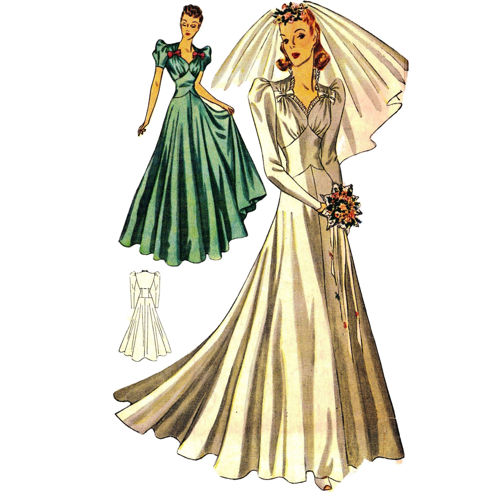 Vintage 1940s Sewing Pattern, Bridal or Evening Gown Bust 34”