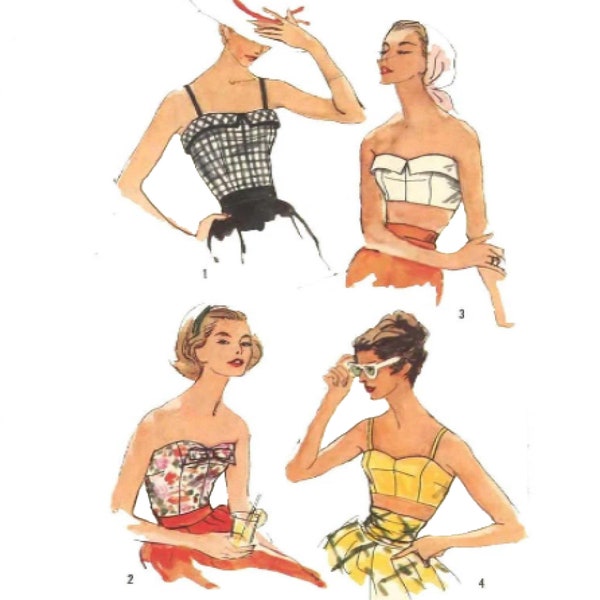 Vintage 1950's Sewing Pattern: Tiki Bra's, Crop Tops, Bustier - (Multi-sized) Bust 33"- 43.5"(84cm - 110.5cm)