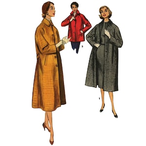 May include: Three women wearing different coats. The woman on the left is wearing a long, yellow coat with a belt. The woman in the middle is wearing a red coat with a button closure. The woman on the right is wearing a long, gray coat with a button closure.