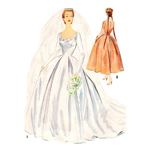 PDF - Vintage 1950s Sewing Pattern, Bridal Gown or Evening Dress - Bust: 38” (96.5cm) - Download
