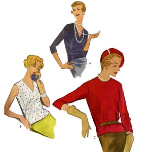 PDF - Vintage 1950er Jahre Schnittmuster - Drei Style Tops, Überblusen - Oberweite 34” (86,4 cm) - Download