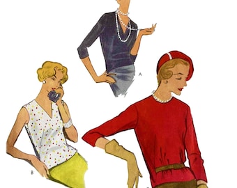 May include: Three illustrations of women wearing different tops. The woman on the left is wearing a sleeveless white top with red and yellow polka dots. The woman in the center is wearing a dark blue long-sleeved top with a pearl necklace. The woman on the right is wearing a red long-sleeved top with a pearl necklace and a red beret.