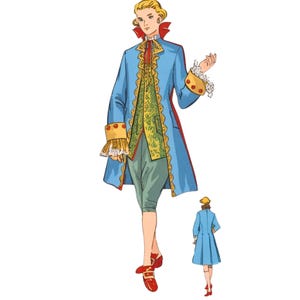 May include: A historical-style costume featuring a light blue knee-length coat with gold trim, a green patterned vest, and light green breeches. The outfit includes a white ruffled cravat, white lace cuffs, and red buckled shoes. A back view is shown.