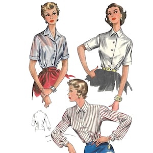 Vintage 1940s Pattern – Blouse Buttoned Blouse, Cuffs   - Bust 36&quot; (91.4cm)