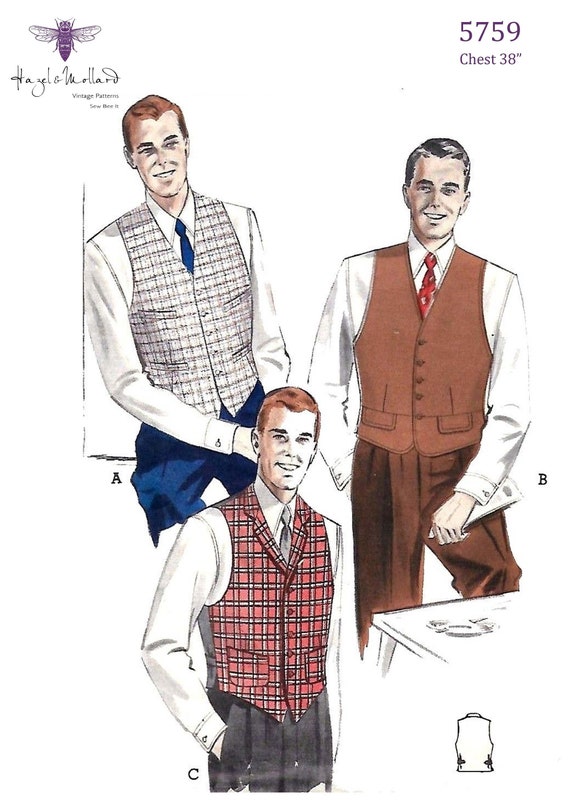 Vintage 1950/'s Sewing Pattern Men/'s Tailored Jacket Vest Waistcoat Chest 38/"
