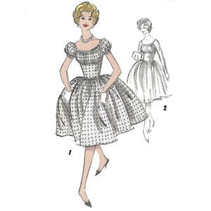 May include: A vintage sewing pattern illustration of a woman wearing a white dress with a fitted bodice and a full skirt. The dress has a scoop neckline and short puffed sleeves. The illustration is in black and white with a few touches of color.