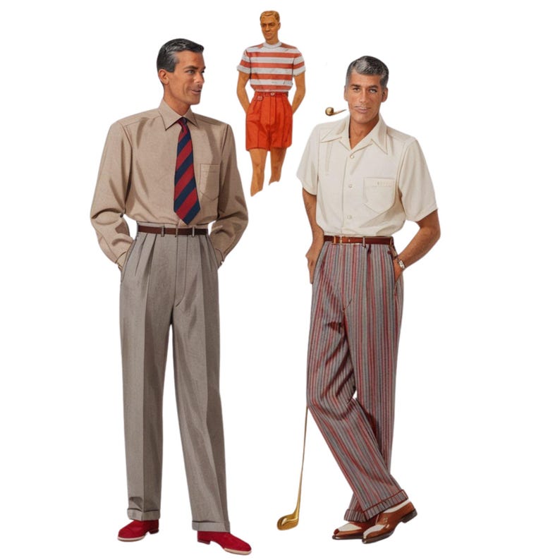 Vintage sewing pattern illustration of 3 mean wearing 50's slacks and shorts
