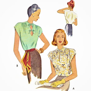May include: A vintage illustration of two women wearing blouses with bow details. The woman on the left is wearing a green blouse with a red and yellow scarf tied around her waist. The woman on the right is wearing a white blouse with a floral pattern. The illustration is labeled "A" and "B".