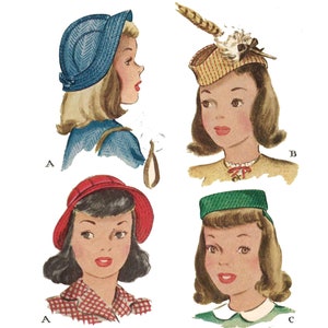May include: Four different styles of hats for girls. The first hat is a blue, quilted, cloche style hat. The second hat is a straw hat with a feather and a bow. The third hat is a red, quilted, cloche style hat. The fourth hat is a green, wide brimmed hat.