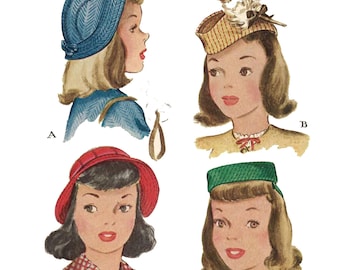 May include: Four different styles of hats for girls. The first hat is a blue, quilted, cloche style hat. The second hat is a straw hat with a feather and a bow. The third hat is a red, quilted, cloche style hat. The fourth hat is a green, wide brimmed hat.